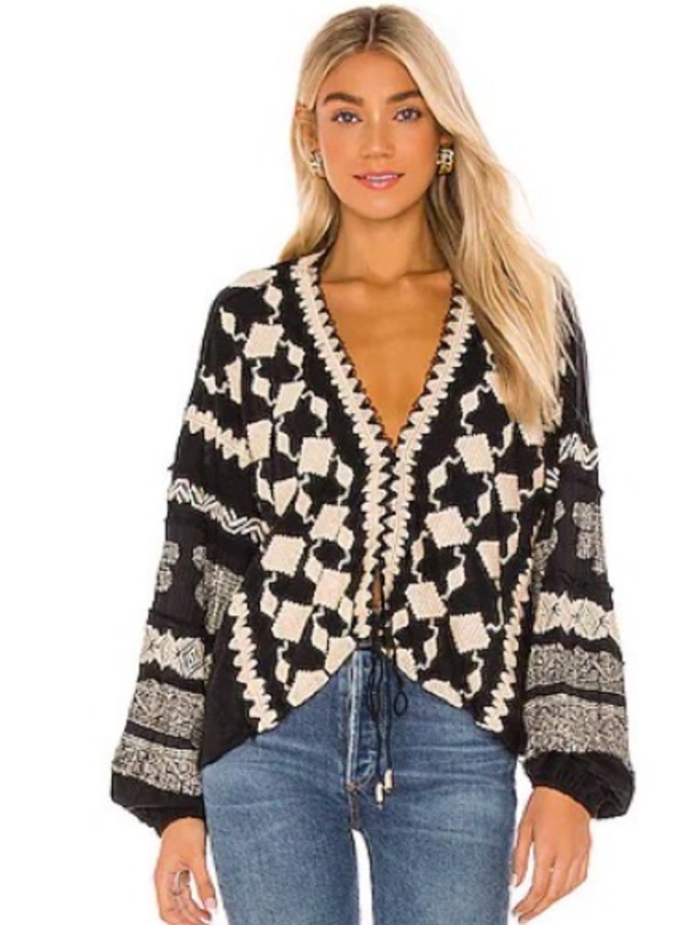 Free People Large Home Town Top Black Combo Boho Embroidered Sold Out